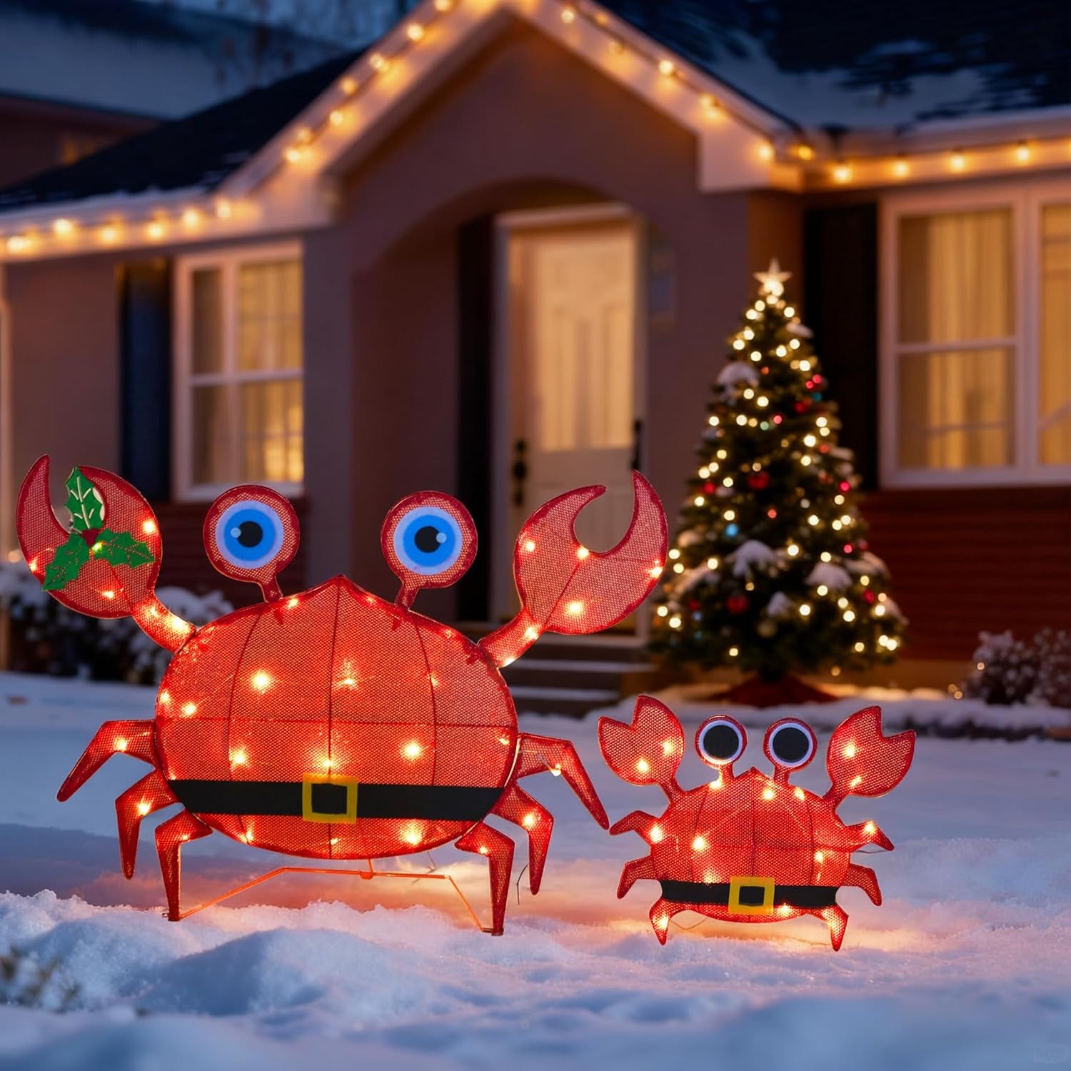 Christmas Outdoor Decorations Yard, 2 Piece Battery Operated Lighted Crab 50 LED Lights with 8 Lighting Modes, Light up 2D Crab for Xmas Holiday Front Garden Patio Lawn Decor