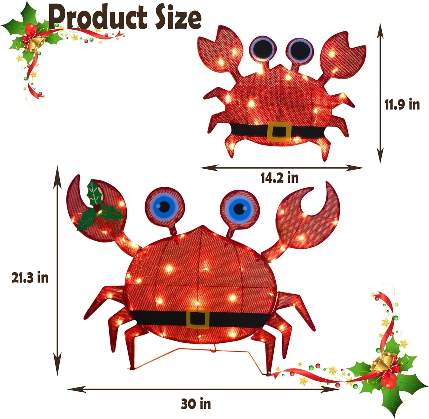 Christmas Outdoor Decorations Yard, 2 Piece Battery Operated Lighted Crab 50 LED Lights with 8 Lighting Modes, Light up 2D Crab for Xmas Holiday Front Garden Patio Lawn Decor