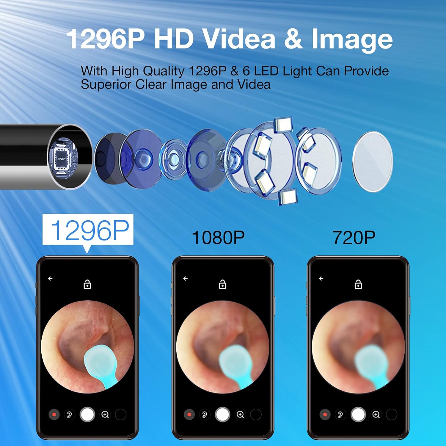 Ear Wax Removal with Camera, Earwax Remover Tool, 1296P FHD Wireless Ear Otoscope with 6 LED Lights, 6 Ear Spoon & 6 Traditional Tools Ear Wax Removal Kit for Iphone, Ipad & Android Smart Phone