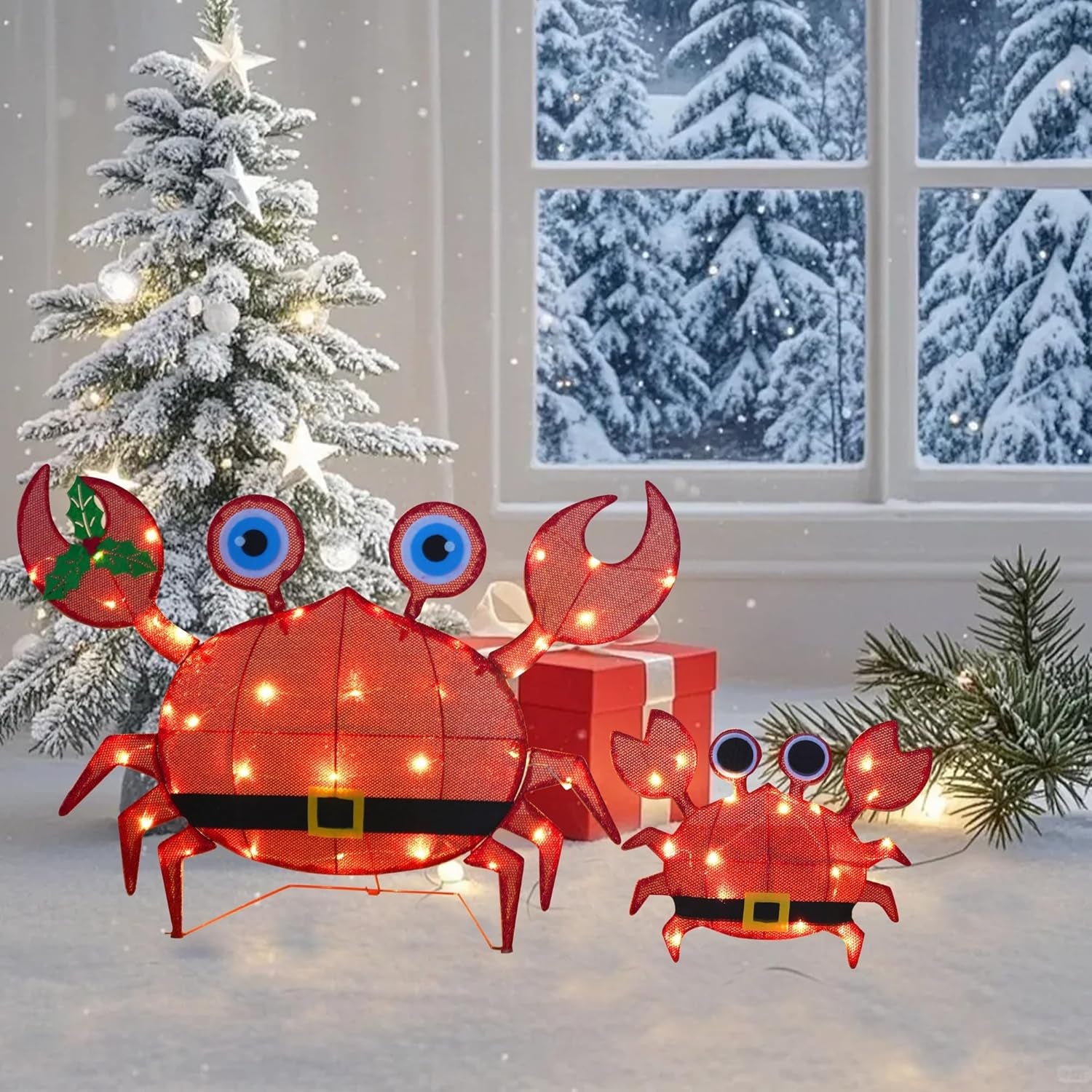 Christmas Outdoor Decorations Yard, 2 Piece Battery Operated Lighted Crab 50 LED Lights with 8 Lighting Modes, Light up 2D Crab for Xmas Holiday Front Garden Patio Lawn Decor