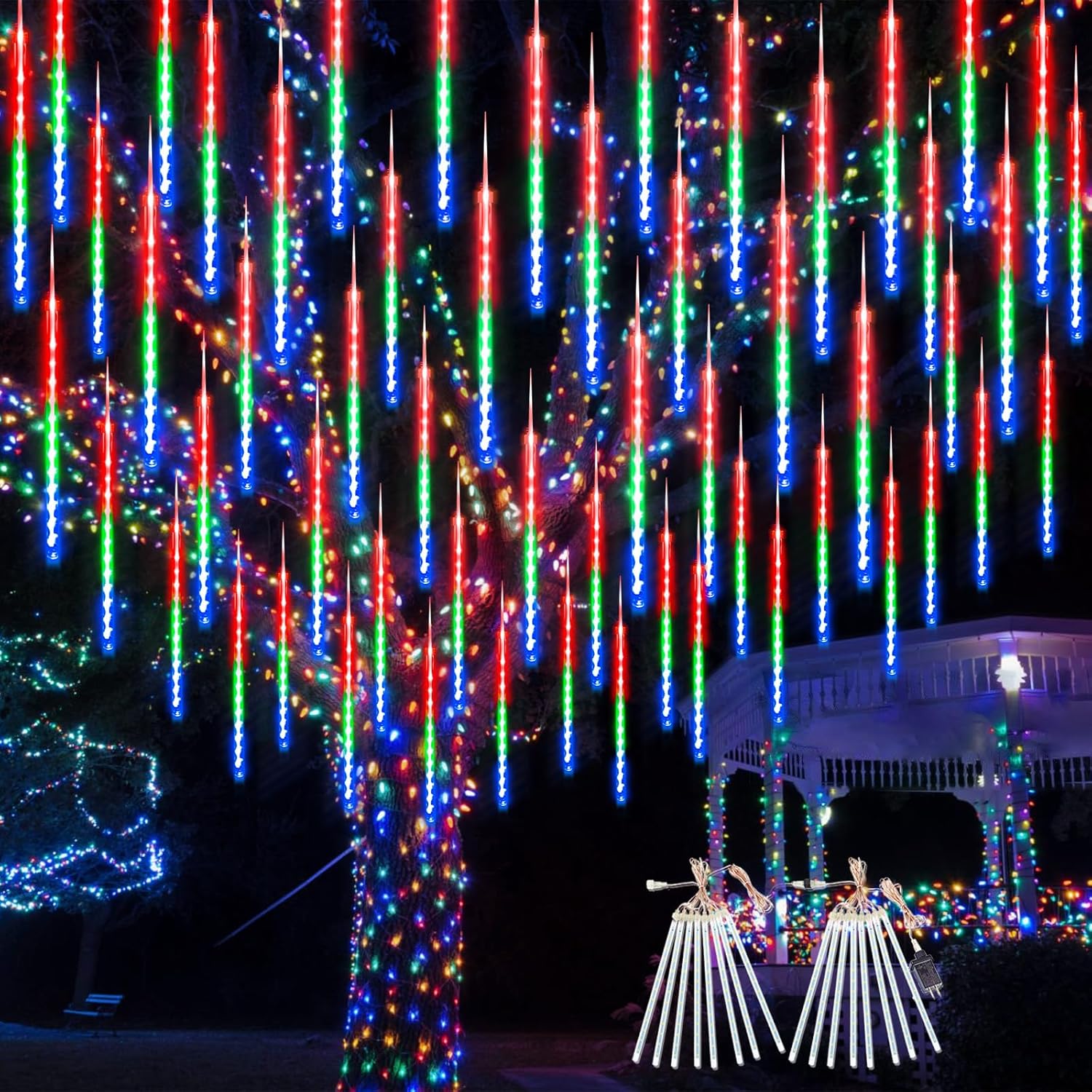 2 Pack Christmas Decorations Lights Outdoor, Extendable Meteor Shower Lights with Timer, Total 384LED 30Cm 16 Tubes Indoor Outdoor Snow Cascading String Light for Xmas Party Yard Decor (Multi-Colored)