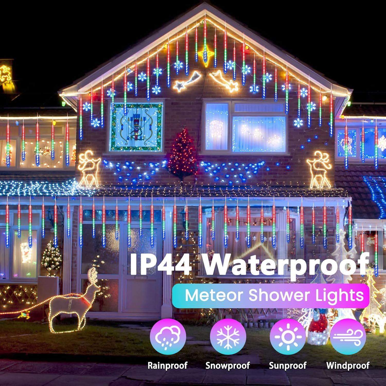 2 Pack Christmas Decorations Lights Outdoor, Extendable Meteor Shower Lights with Timer, Total 384LED 30Cm 16 Tubes Indoor Outdoor Snow Cascading String Light for Xmas Party Yard Decor (Multi-Colored)