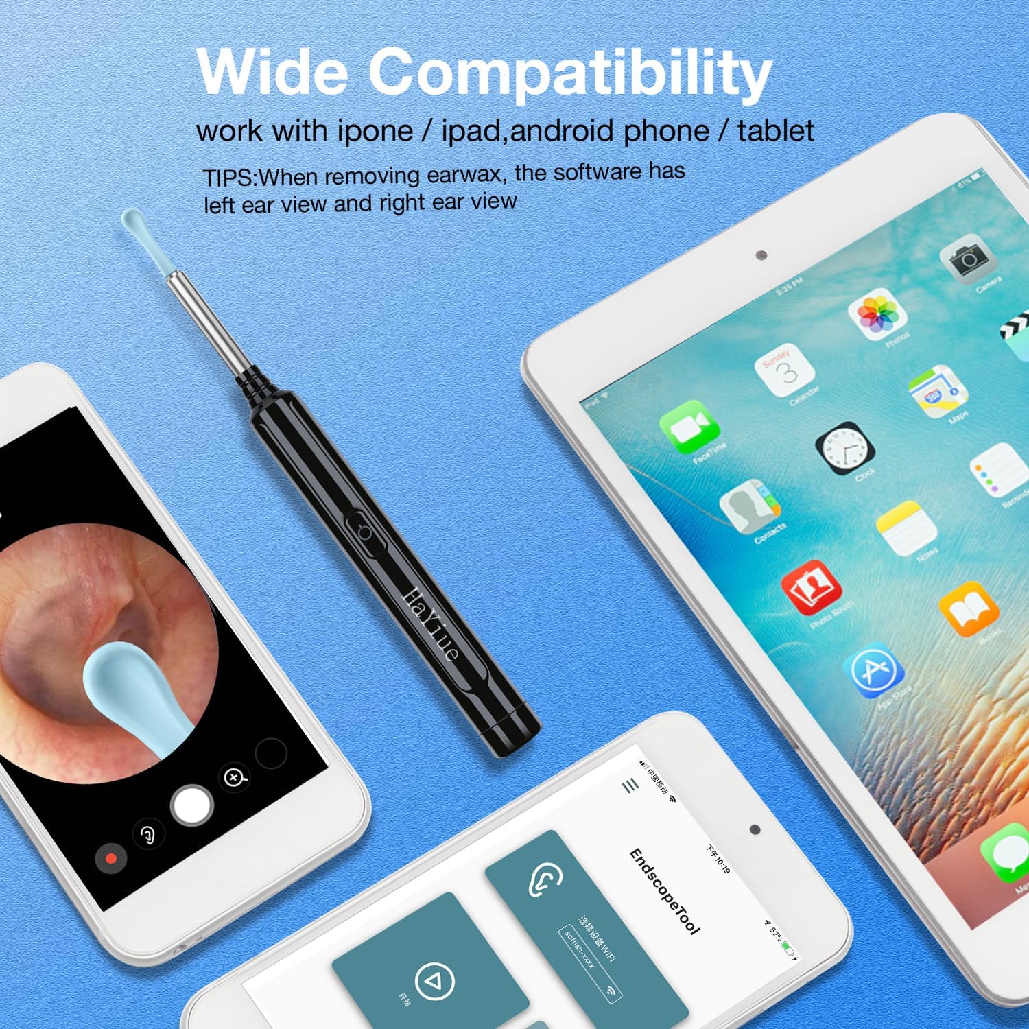 Ear Wax Removal with Camera, Earwax Remover Tool, 1296P FHD Wireless Ear Otoscope with 6 LED Lights, 6 Ear Spoon & 6 Traditional Tools Ear Wax Removal Kit for Iphone, Ipad & Android Smart Phone