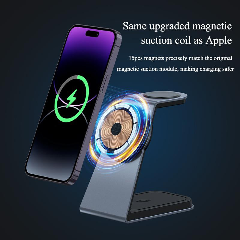 3-In-1 Magnetic Wireless Charger Stand, 15W Aluminum Alloy Magsafe Charging Station for Iphone 15/14/13/12 Series, Airpods 3/Pro/2, Iwatch Ultra/8/7/ 6/SE/5/4/3/2 Devices Durable Cellphone