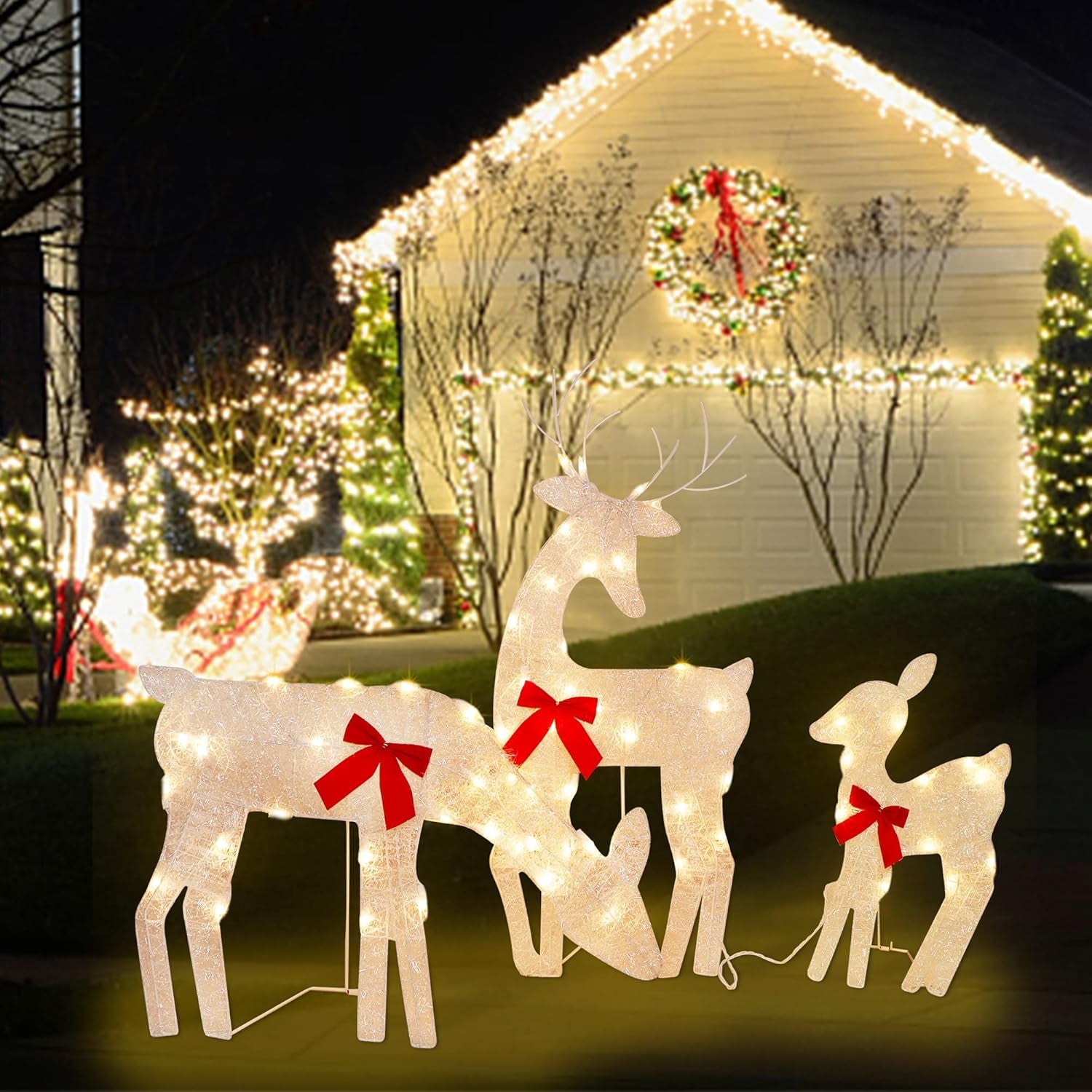 3 Pack Tinsel Reindeer Family Lighted 2D Deer Christmas Decor, with Clear 60 Count Lights, Light up Buck, Doe and Fawn Indoor or Outdoor Yard Lawn Festive Holiday Decoration