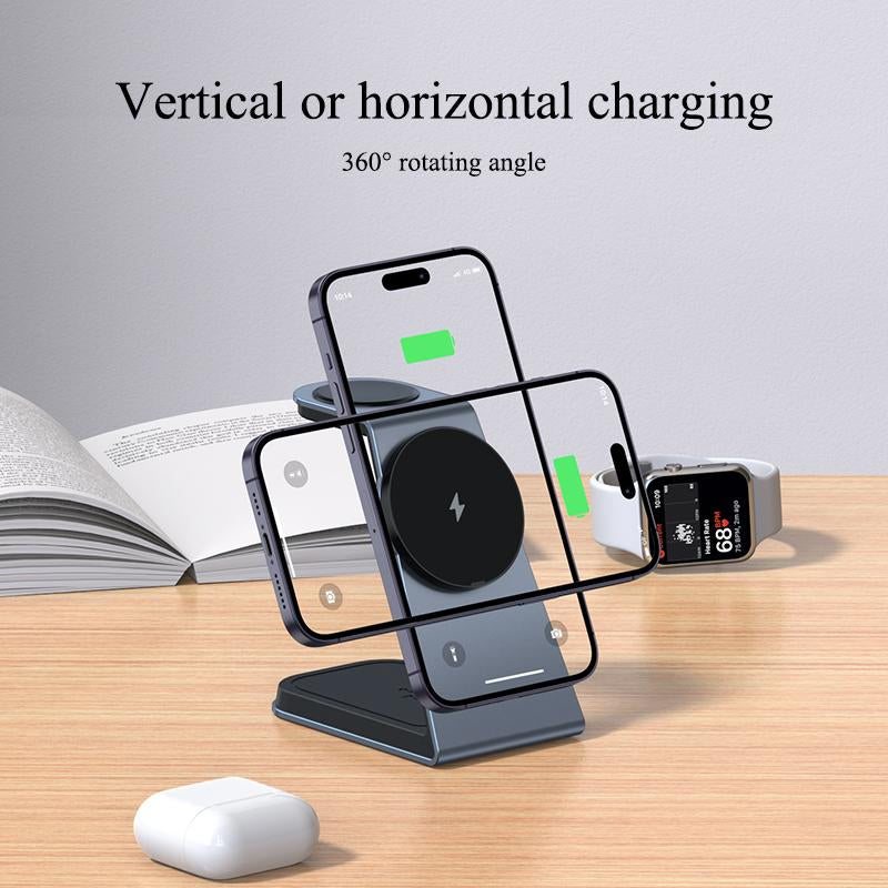 3-In-1 Magnetic Wireless Charger Stand, 15W Aluminum Alloy Magsafe Charging Station for Iphone 15/14/13/12 Series, Airpods 3/Pro/2, Iwatch Ultra/8/7/ 6/SE/5/4/3/2 Devices Durable Cellphone