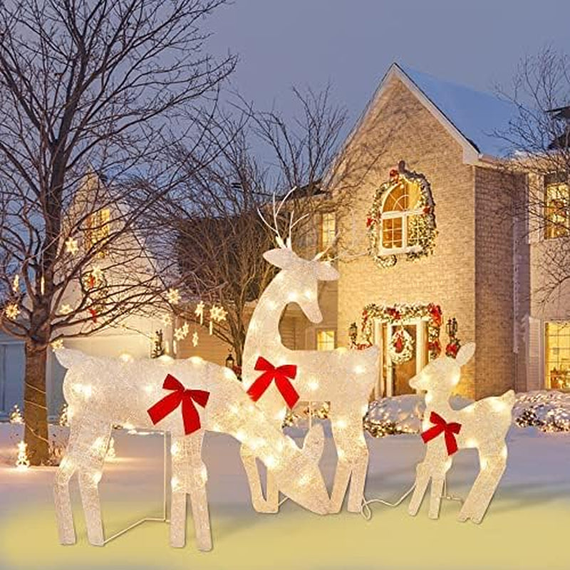 3 Pack Tinsel Reindeer Family Lighted 2D Deer Christmas Decor, with Clear 60 Count Lights, Light up Buck, Doe and Fawn Indoor or Outdoor Yard Lawn Festive Holiday Decoration