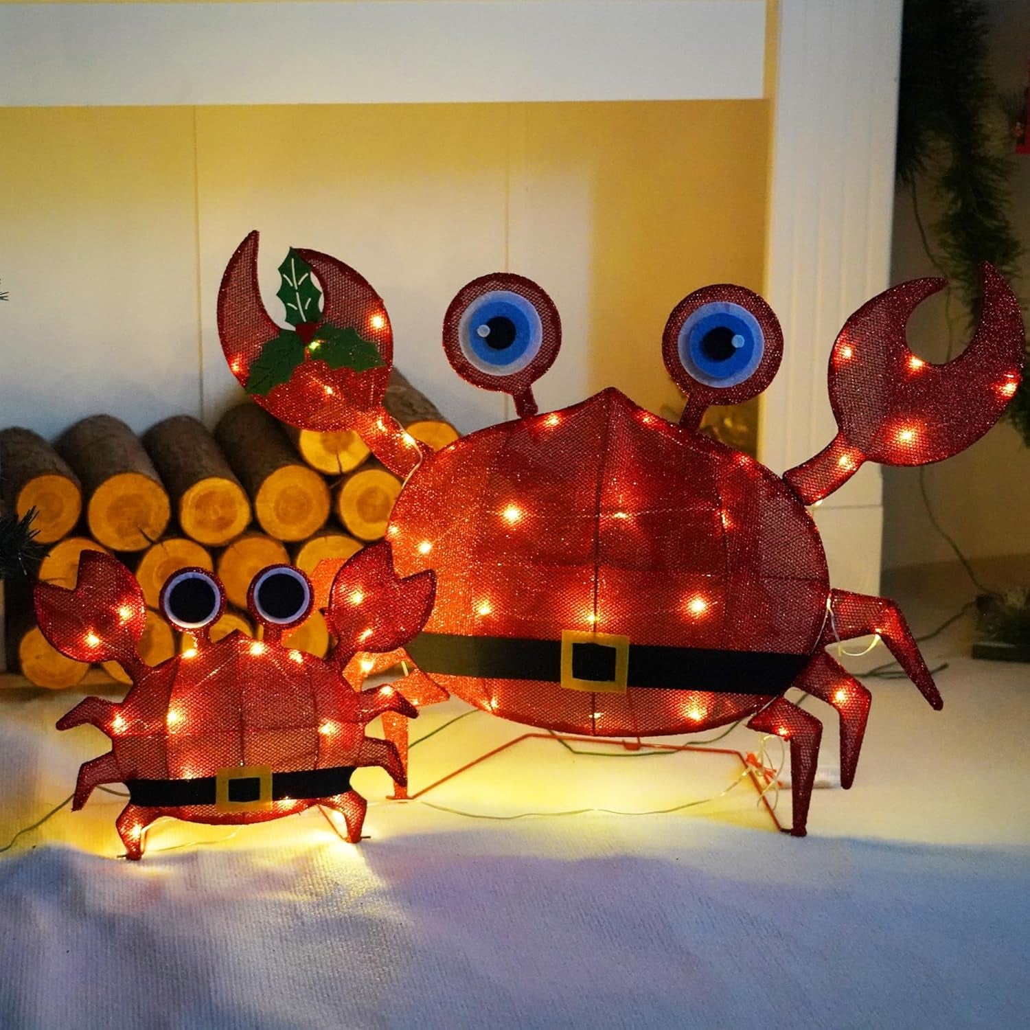 Christmas Outdoor Decorations Yard, 2 Piece Battery Operated Lighted Crab 50 LED Lights with 8 Lighting Modes, Light up 2D Crab for Xmas Holiday Front Garden Patio Lawn Decor