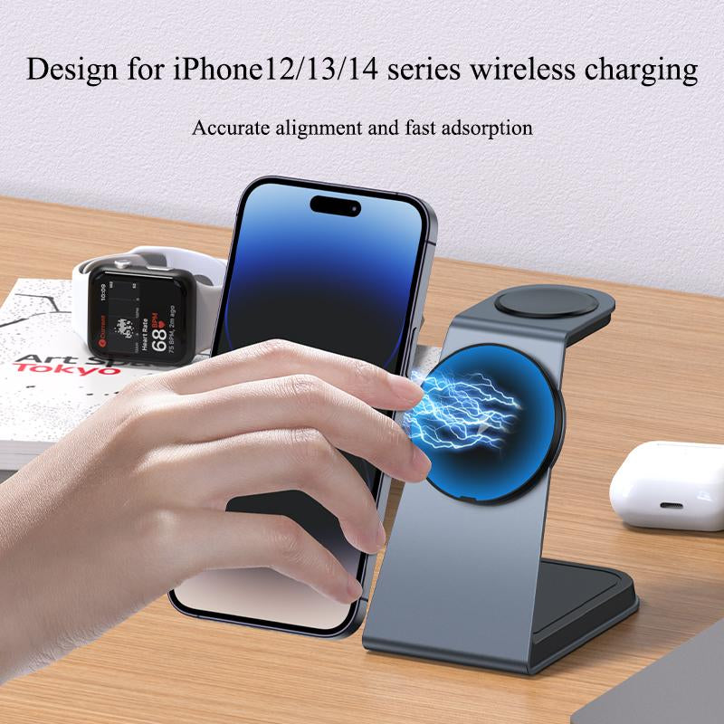 3-In-1 Magnetic Wireless Charger Stand, 15W Aluminum Alloy Magsafe Charging Station for Iphone 15/14/13/12 Series, Airpods 3/Pro/2, Iwatch Ultra/8/7/ 6/SE/5/4/3/2 Devices Durable Cellphone