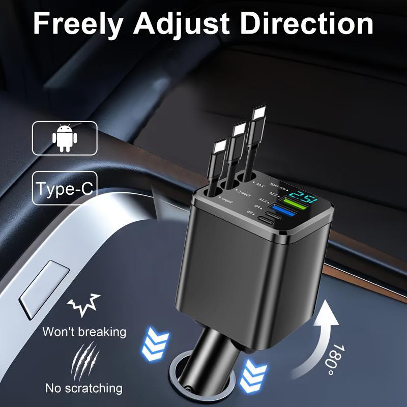 Nuokaiqi Car 8-In-1 Fast Charger with 3 Retractable Cables, 180° Direction Adjustment, LED Display, Compact Design, Premium Materials, Ideal for Road Trips