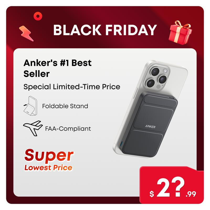 Anker Magnetic Power Bank, Built-In Foldable Stand, USB-C Port on the Side, 5,000Mah Capacity, Perfectly Compatible with Iphone 17/16/15/14/13 Series